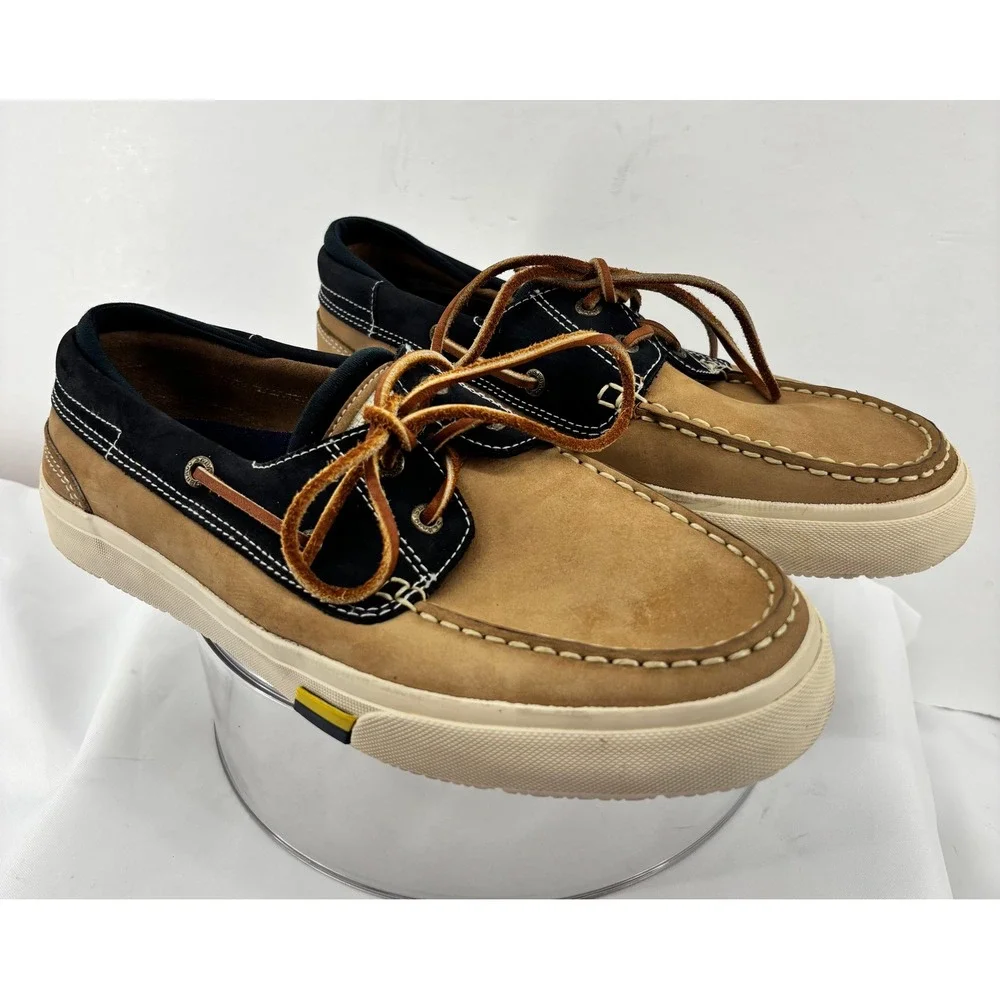 Sebago Docksides Boat Shoes Men's Size 8M Tan Navy Suede Leather Moc Toe Lace Up